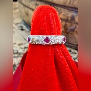 Judith Ripka Sterling Silver Ruby Stackable Band Ring with CZ Accents - Size 7